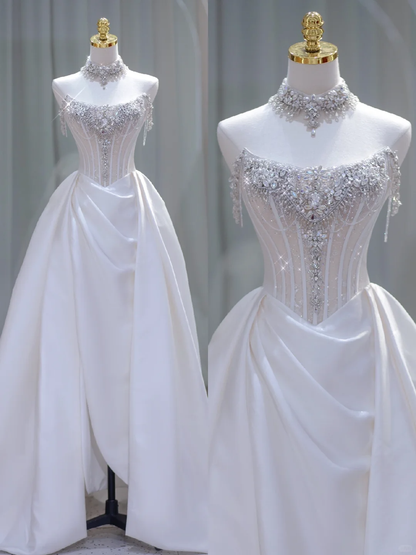 Pretty Bridal Gown Ball Gown Strapless White Long Wedding Dresses Minimalist Bridal Gowns DP1841