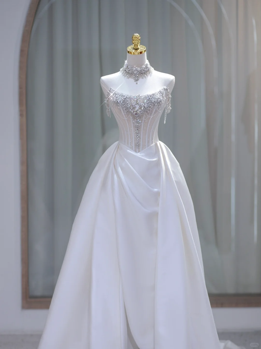 Pretty Bridal Gown Ball Gown Strapless White Long Wedding Dresses Minimalist Bridal Gowns DP1841