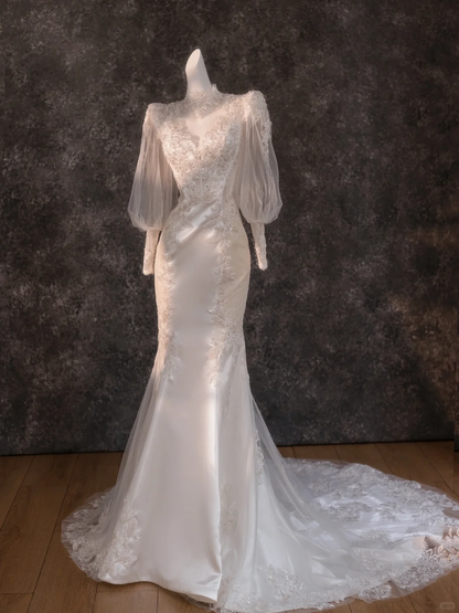 Retro Wedding Dress Mermaid High Neck Lace Long Sleeves White Wedding Dresses Bridal Gowns DP1848