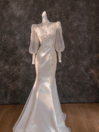 Retro Wedding Dress Mermaid High Neck Lace Long Sleeves White Wedding Dresses Bridal Gowns DP1848