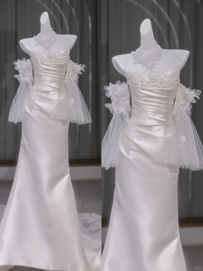 Retro Wedding Dress Mermaid Strapless Long Satin White Floral Wedding Dresses Bridal Gowns DP1852