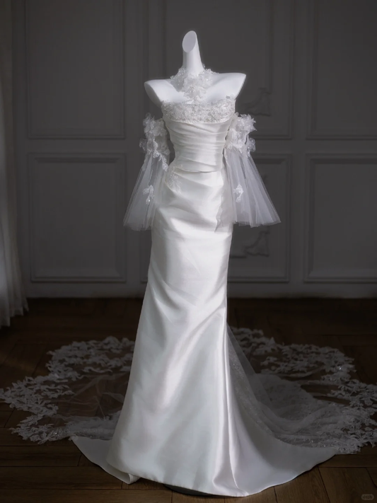 Retro Wedding Dress Mermaid Strapless Long Satin White Floral Wedding Dresses Bridal Gowns DP1852