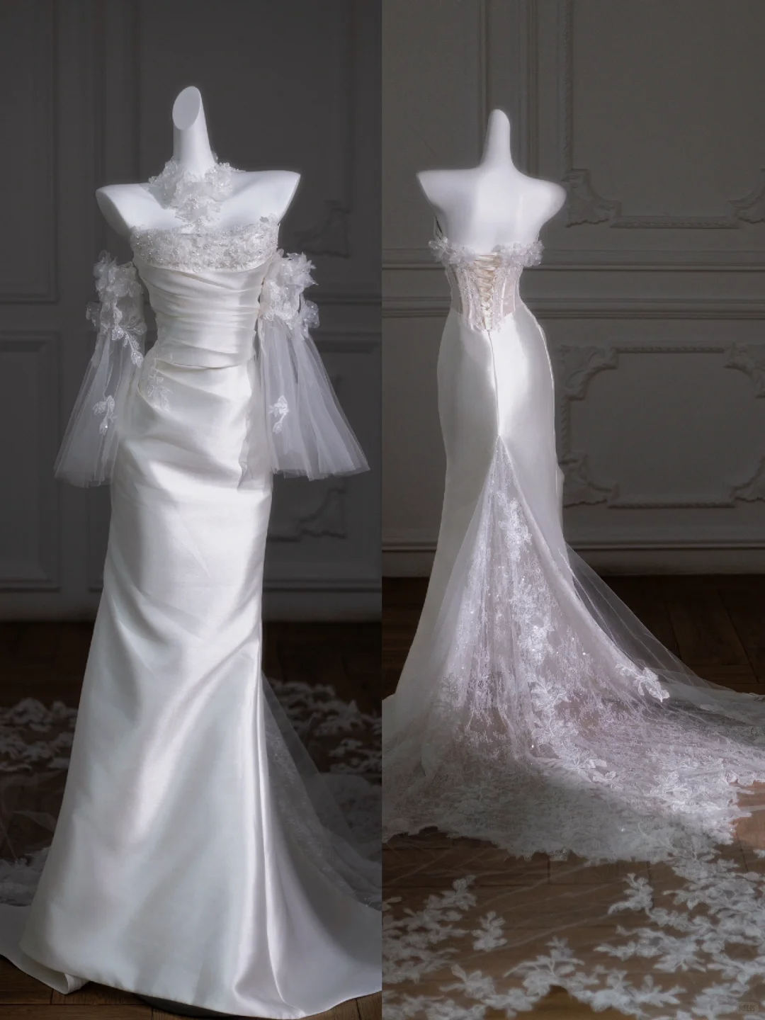 Retro Wedding Dress Mermaid Strapless Long Satin White Floral Wedding Dresses Bridal Gowns DP1852