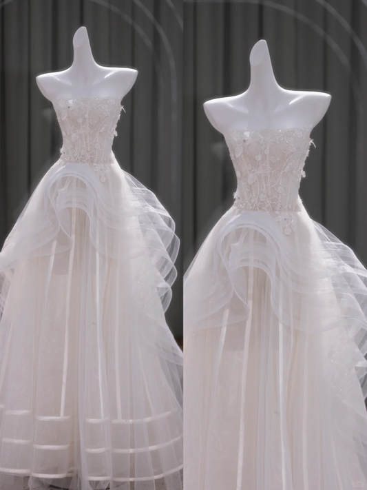 Pretty Wedding Dress Ball Gown Strapless Tulle Lace White Long Wedding Dresses Bridal Gowns DP1855