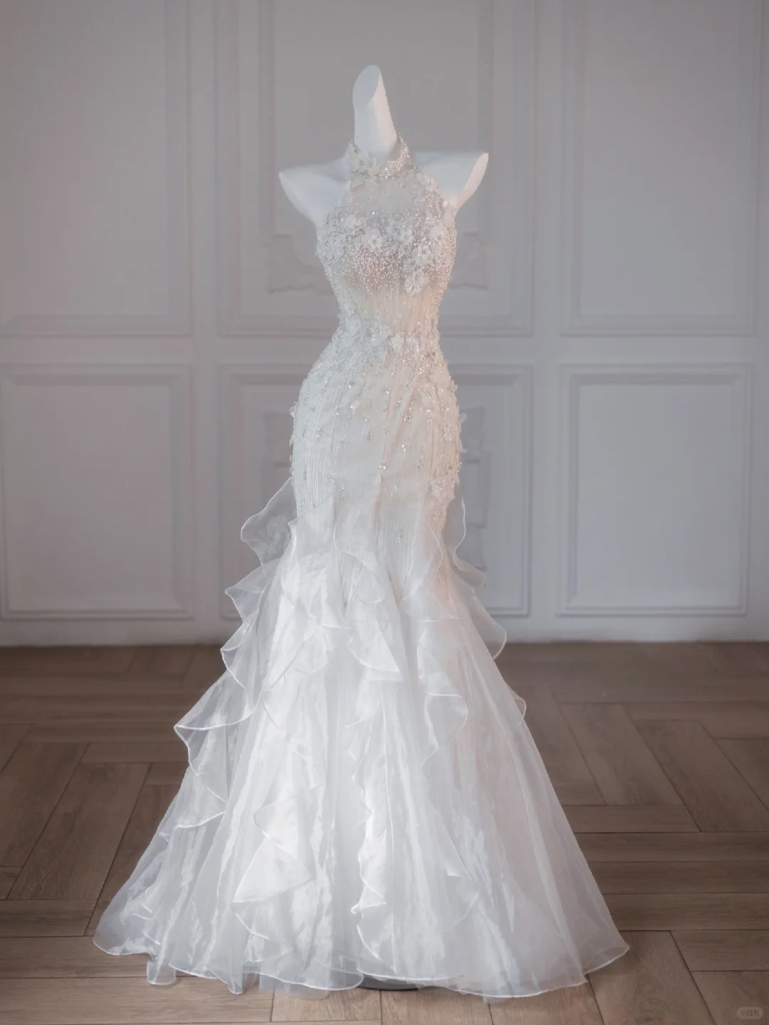 Pretty Wedding Dress Mermaid High Neck White Floral Tulle Long Wedding Dresses Bridal Gowns DP1950