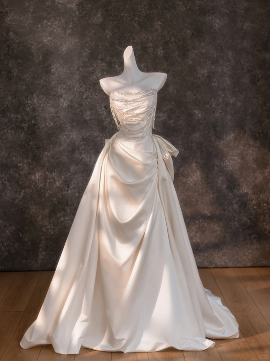 Pretty Wedding Dress Sheath Strapless Satin Ivory Long Wedding Dresses Bridal Gowns DP1858