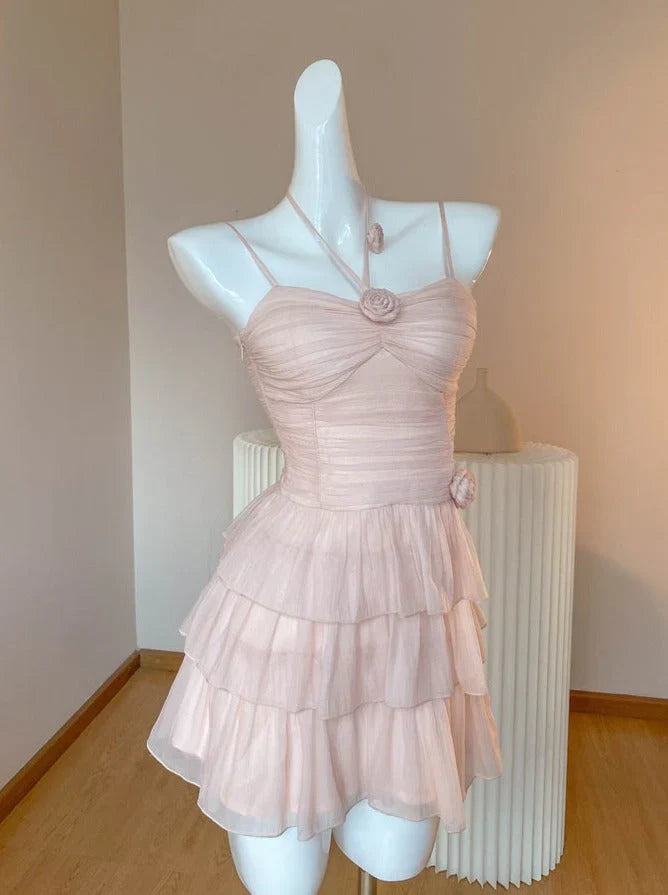 Cute A line Pink Chiffon Summer Short Homecoming Dress Hoco Dress Mini 18th Birthday Outfit Cocktail Dresses DP1862