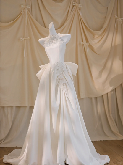 Pretty Wedding Dress Ball Gown High Neck Satin Ivory Long Wedding Dresses Bridal Gowns DP1863
