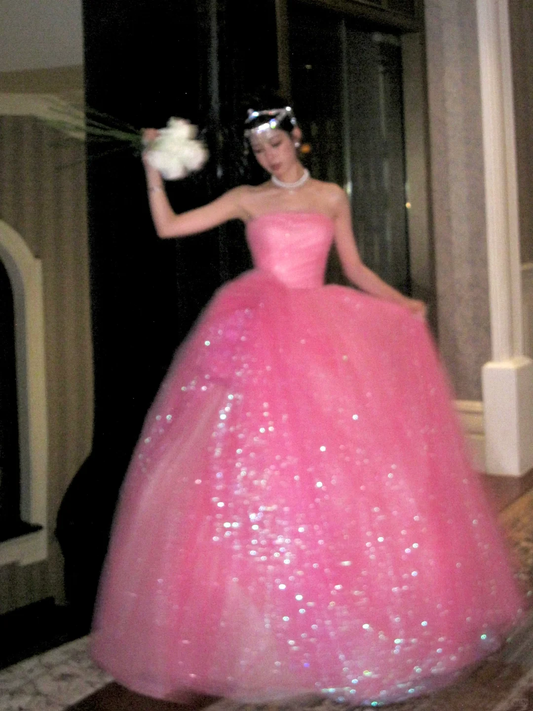 Modest Ball Gown Strapless Pink Tulle Long Prom Dress Party Dress Graduation Dresses Sweet 16 Dress DP1864