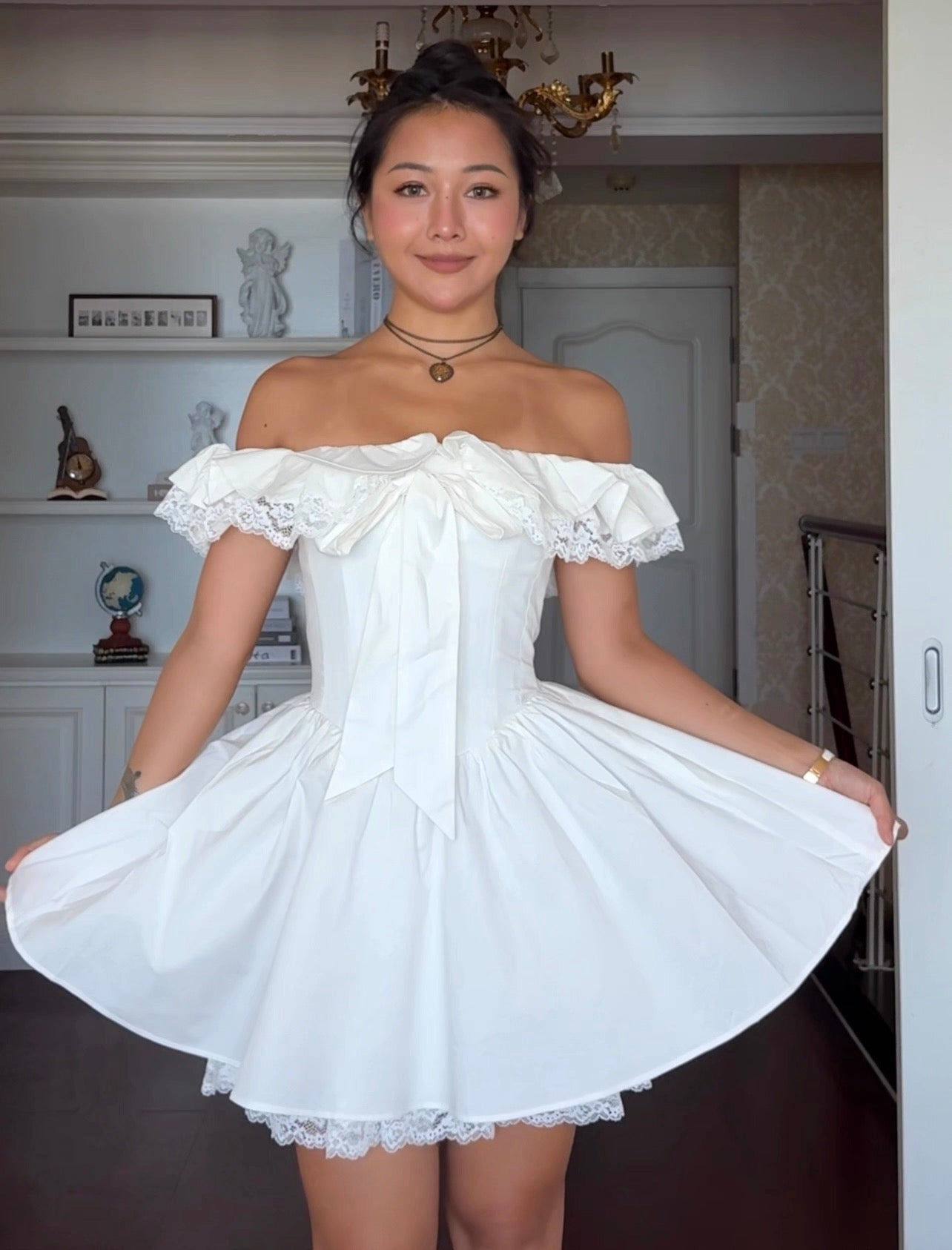 Cute Ball Gown Off The Shoulder White Summer Lace Homecoming Dress Hoco Dress Mini 18th Birthday Outfit Cocktail Dresses DP1865