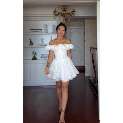 Cute Ball Gown Off The Shoulder White Summer Lace Homecoming Dress Hoco Dress Mini 18th Birthday Outfit Cocktail Dresses DP1865