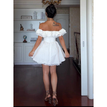 Cute Ball Gown Off The Shoulder White Summer Lace Homecoming Dress Hoco Dress Mini 18th Birthday Outfit Cocktail Dresses DP1865