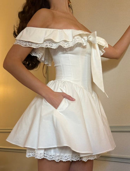 Cute Ball Gown Off The Shoulder White Summer Lace Homecoming Dress Hoco Dress Mini 18th Birthday Outfit Cocktail Dresses DP1865