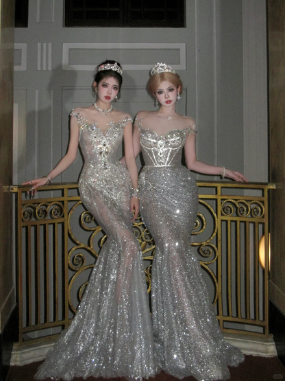 Sexy Wedding Dress Mermaid Sequin Beads Long Silver Wedding Dresses Bride Dress Bridal Gowns DP1865