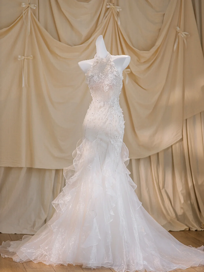 Pretty Wedding Dress Mermaid High Neck White Floral Tulle Long Wedding Dresses Bridal Gowns DP1950