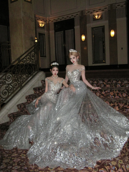 Sexy Wedding Dress Mermaid Sequin Beads Long Silver Wedding Dresses Bride Dress Bridal Gowns DP1865