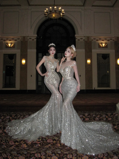 Sexy Wedding Dress Mermaid Sequin Beads Long Silver Wedding Dresses Bride Dress Bridal Gowns DP1865