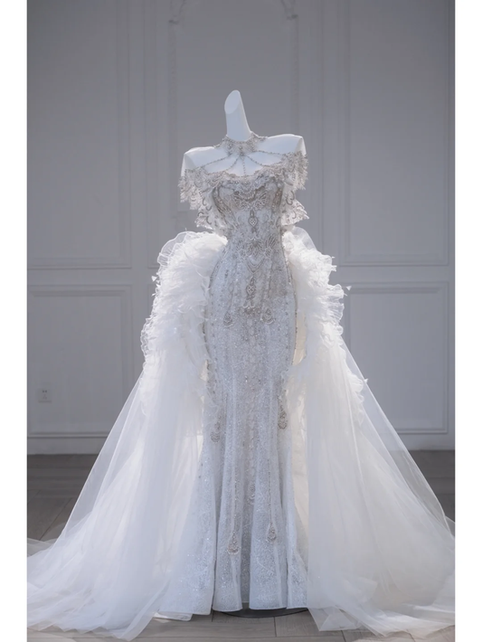 Retro Wedding Dress Mermaid Strapless Sequin Long Train White Wedding Dresses Bridal Gowns DP1866