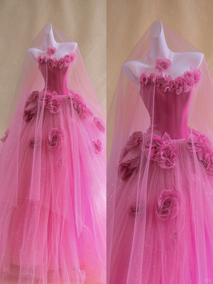 Gorgeous Ball Gown Sweetheart Hot Pink Floral Tulle Long Prom Dress Party Dress Graduation Dresses DP1973