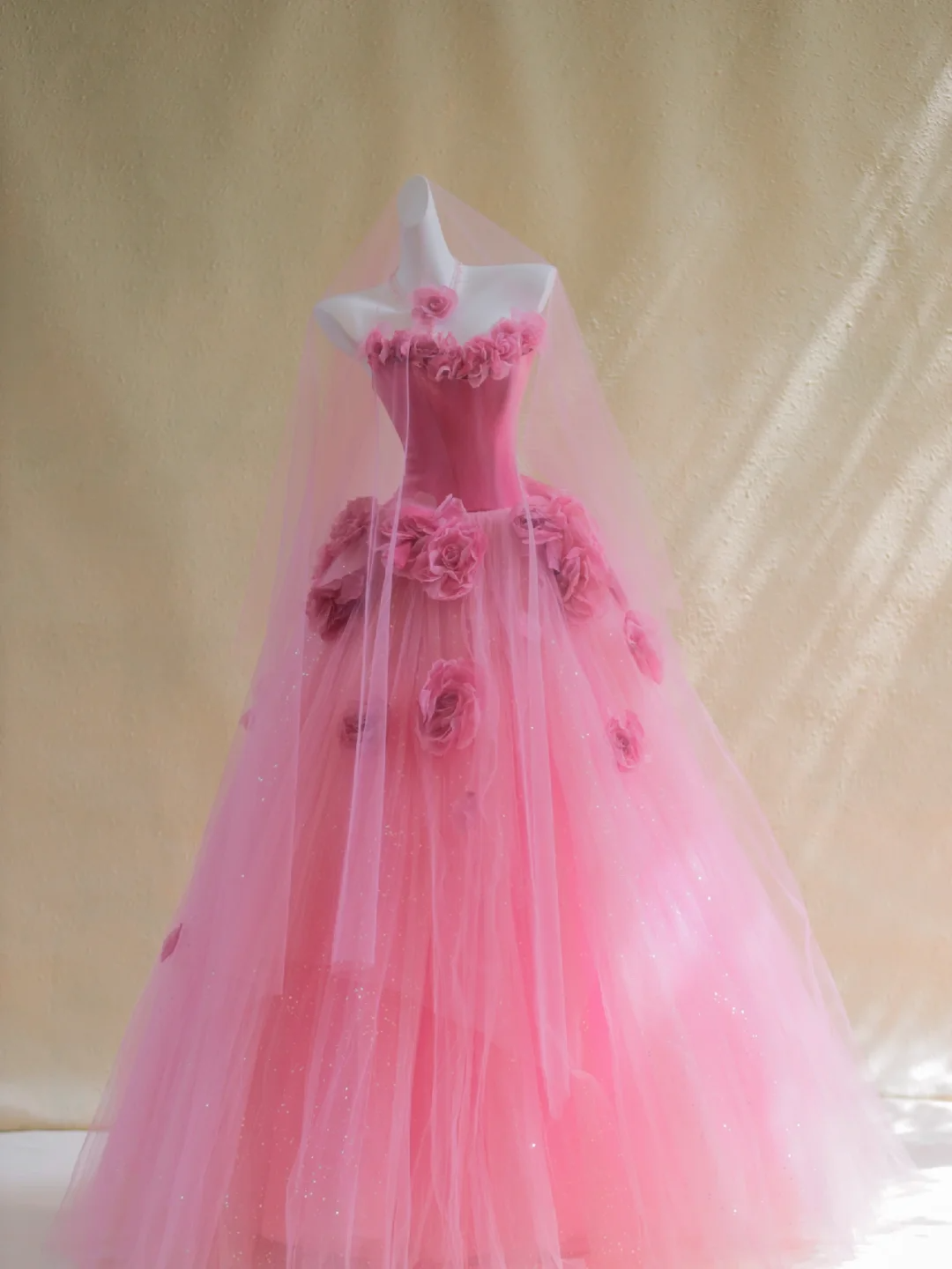 Gorgeous Ball Gown Strapless Hot Pink Floral Tulle Long Prom Dress Party Dress Graduation Dresses DP1870