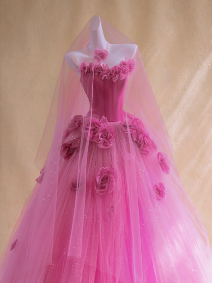 Gorgeous Ball Gown Strapless Hot Pink Floral Tulle Long Prom Dress Party Dress Graduation Dresses DP1870
