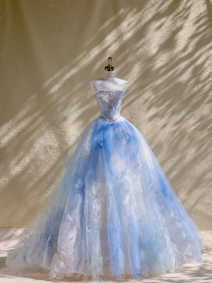 Elegant Ball Gown Strapless Light Blue Floral Tulle Long Prom Dress Party Dress Graduation Dresses DP1874