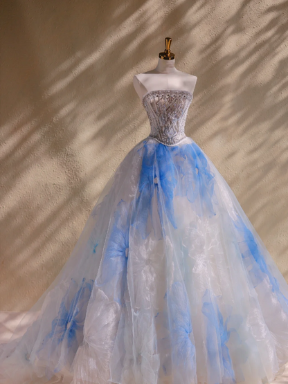 Elegant Ball Gown Strapless Light Blue Floral Tulle Long Prom Dress Party Dress Graduation Dresses DP1874