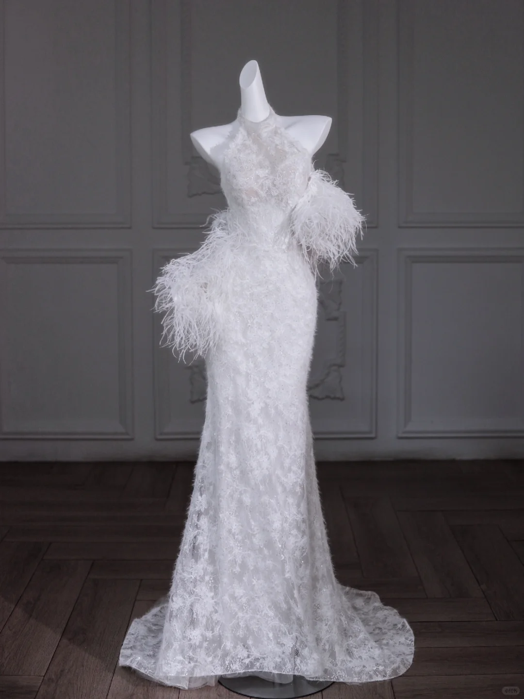 Unique Wedding Dress Mermaid High Neck Lace Long White Wedding Dresses Bridal Gowns With Feathers DP1879