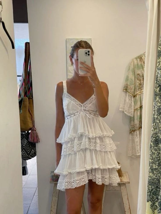 Simple A line Straps White Lace Layers Homecoming Dress Summer Hoco Dresses Cocktail Dress DP1905