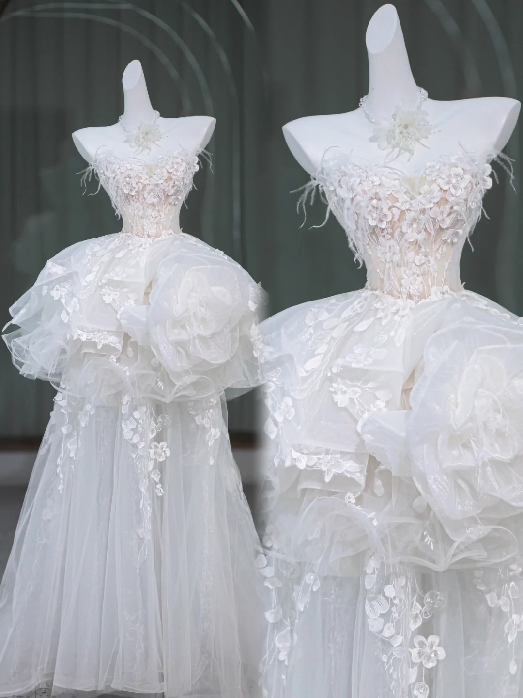 Unique Wedding Dress Ball Gown Strapless Lace Short White Wedding Dresses Bridal Gowns With Feathers DP1949