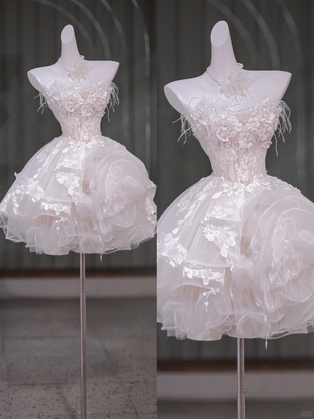 Unique Wedding Dress Ball Gown Strapless Lace Short White Wedding Dresses Bridal Gowns With Feathers DP1949