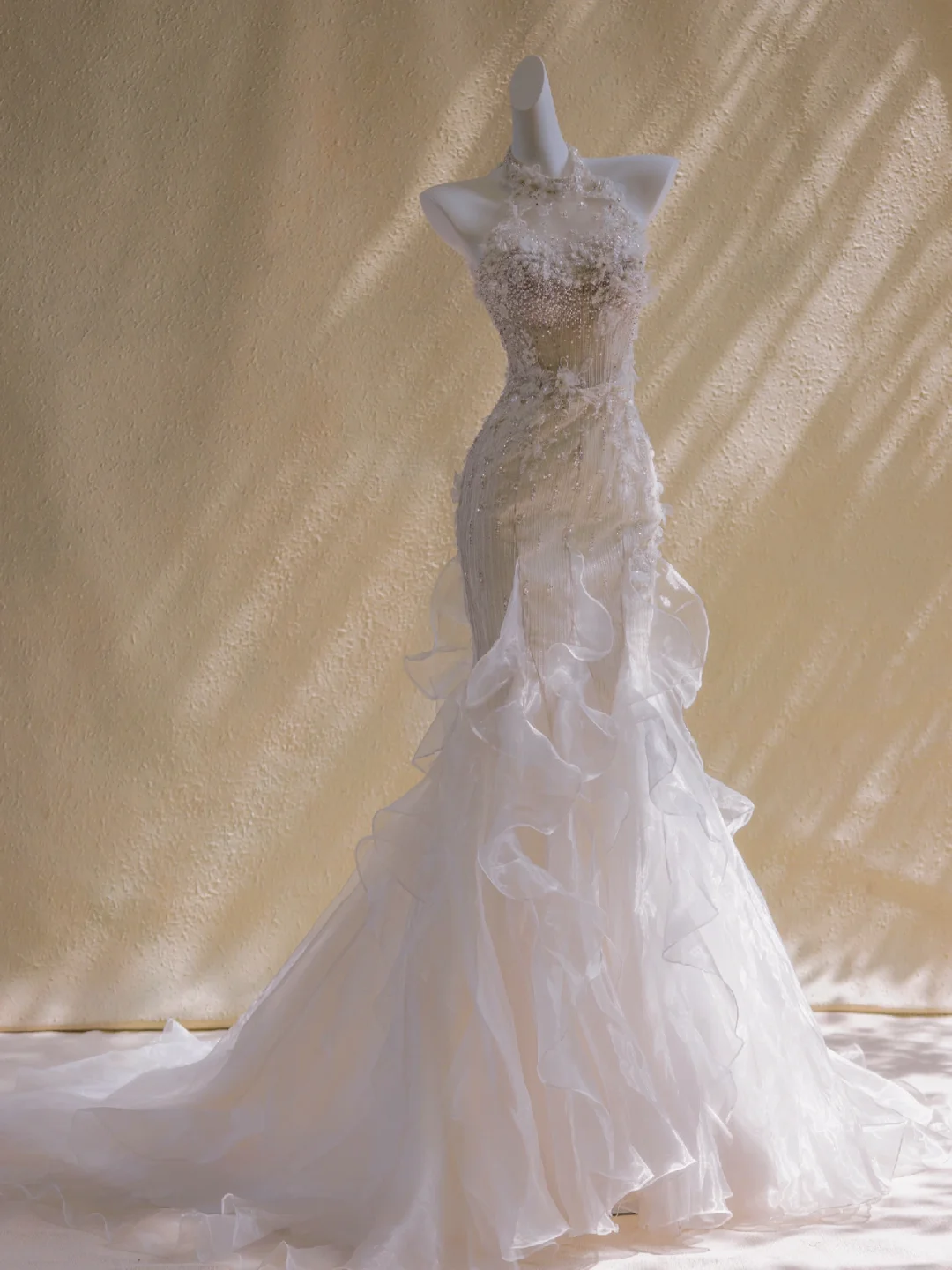 Pretty Wedding Dress Mermaid High Neck White Floral Tulle Long Wedding Dresses Bridal Gowns DP1950