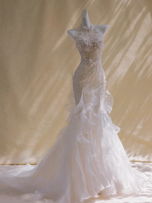 Pretty Wedding Dress Mermaid High Neck White Floral Tulle Long Wedding Dresses Bridal Gowns DP1950