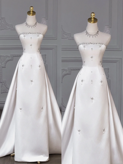 Modest Wedding Dress Sheath Strapless Satin Beads Long Summer Wedding Dresses Bridal Gowns DP1960