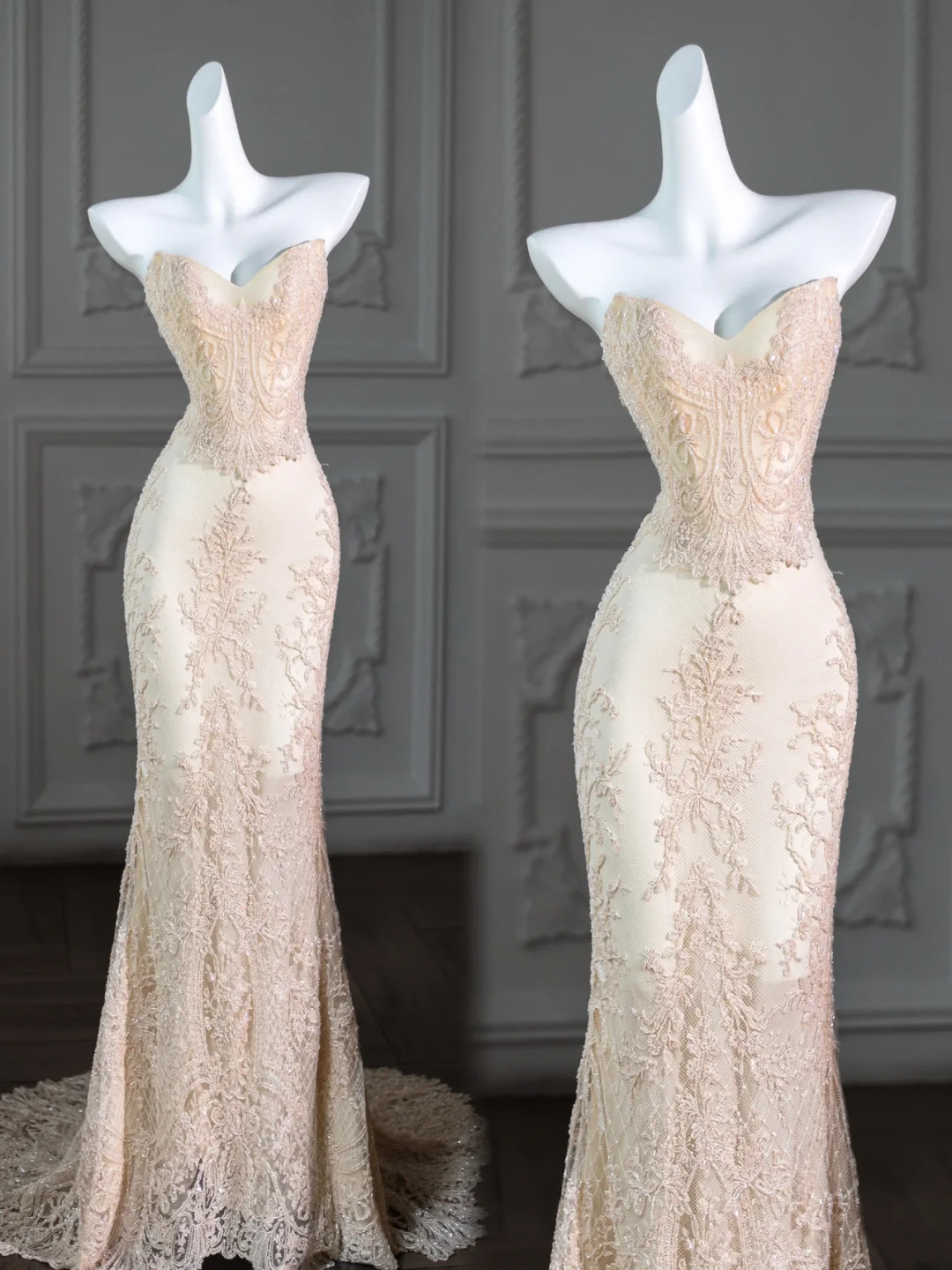 Rustic Wedding Dress Mermaid Sweetheart Lace Satin Champagne Long Wedding Dresses Bridal Gowns DP1961