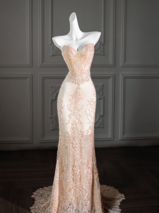 Rustic Wedding Dress Mermaid Sweetheart Lace Satin Champagne Long Wedding Dresses Bridal Gowns DP1961