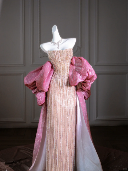 Pretty Mermaid Strapless Sequin Beads Champagne Long Prom Dress Party Dress Graduation Dresses With Cape DP2003