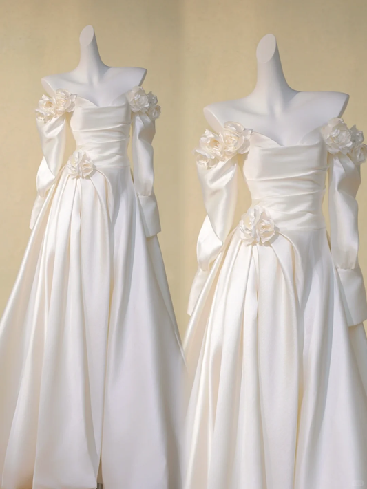 Romantic Bridal Gown Ball Gown Off The Shoulder Long Sleeves Satin Wedding Dresses Minimalist Bridal Gowns DP1967