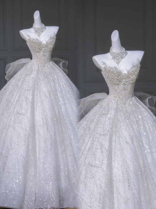 Modest Wedding Dress Ball Gown Scoop Neck Sequin Long White Wedding Dresses Brides Dress Bridal Gowns DP1968