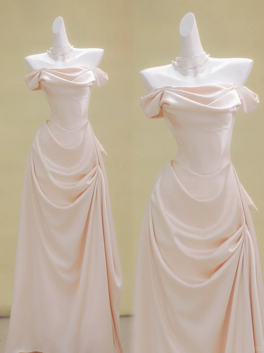 Simple A line Off The Shoulder Light Pink Satin Prom Dresses Formal Summer Wedding Guest Dresses Wedding Guest Outfits DP1969