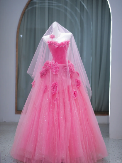 Gorgeous Ball Gown Sweetheart Hot Pink Floral Tulle Long Prom Dress Party Dress Graduation Dresses DP1973