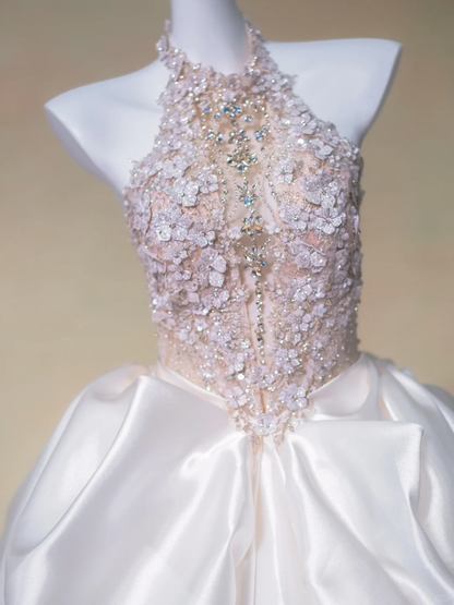 Romantic Bridal Gown Ball Gown High Neck White Lace Floral Wedding Dresses Minimalist Bridal Gowns DP1977