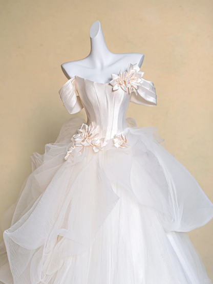 Modest Wedding Dress Ball Gown Off The Shoulder White Satin Long Wedding Dresses Brides Dress Bridal Gowns DP1978