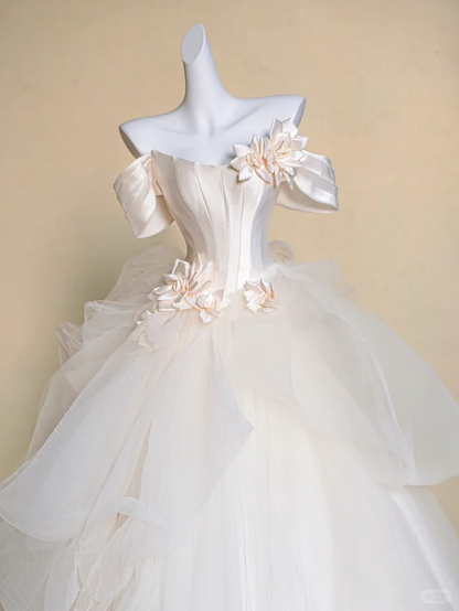 Modest Wedding Dress Ball Gown Off The Shoulder White Satin Long Wedding Dresses Brides Dress Bridal Gowns DP1978