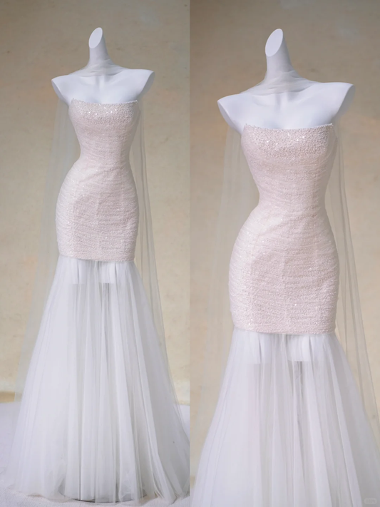 Rustic Wedding Dress Mermaid Strapless Tulle Pink Long Wedding Dresses Bridal Gowns DP1980