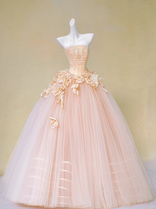 Pretty Wedding Dress Ball Gown Strapless Pink Tulle Floral Long Wedding Dresses Bridal Gowns DP1981