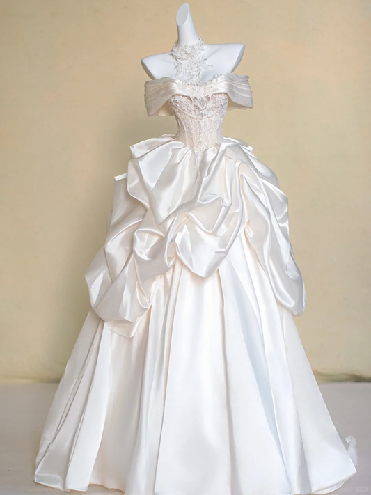 Modest Wedding Dress Ball Gown Off The Shoulder White Satin Long Wedding Dresses Brides Dress Bridal Gowns DP1982