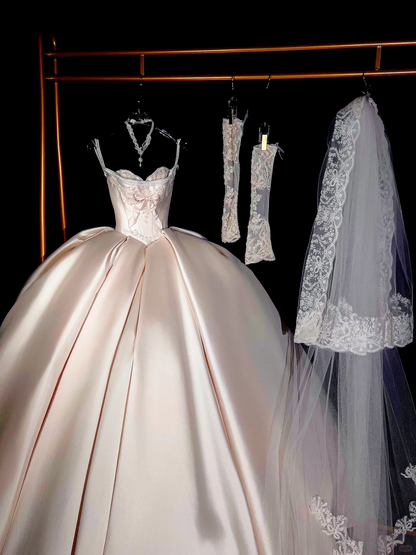 Rustic Wedding Dress Ball Gown Sweetheart Satin Light Pink Long Wedding Dresses Bridal Gowns DP1988