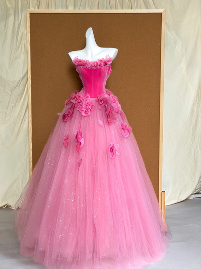 Gorgeous Ball Gown Sweetheart Hot Pink Floral Tulle Long Prom Dress Party Dress Graduation Dresses DP1999