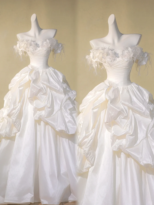 Modest Wedding Dress Ball Gown Off The Shoulder Floral Satin Long Wedding Dresses Brides Dress Bridal Gowns DP2012